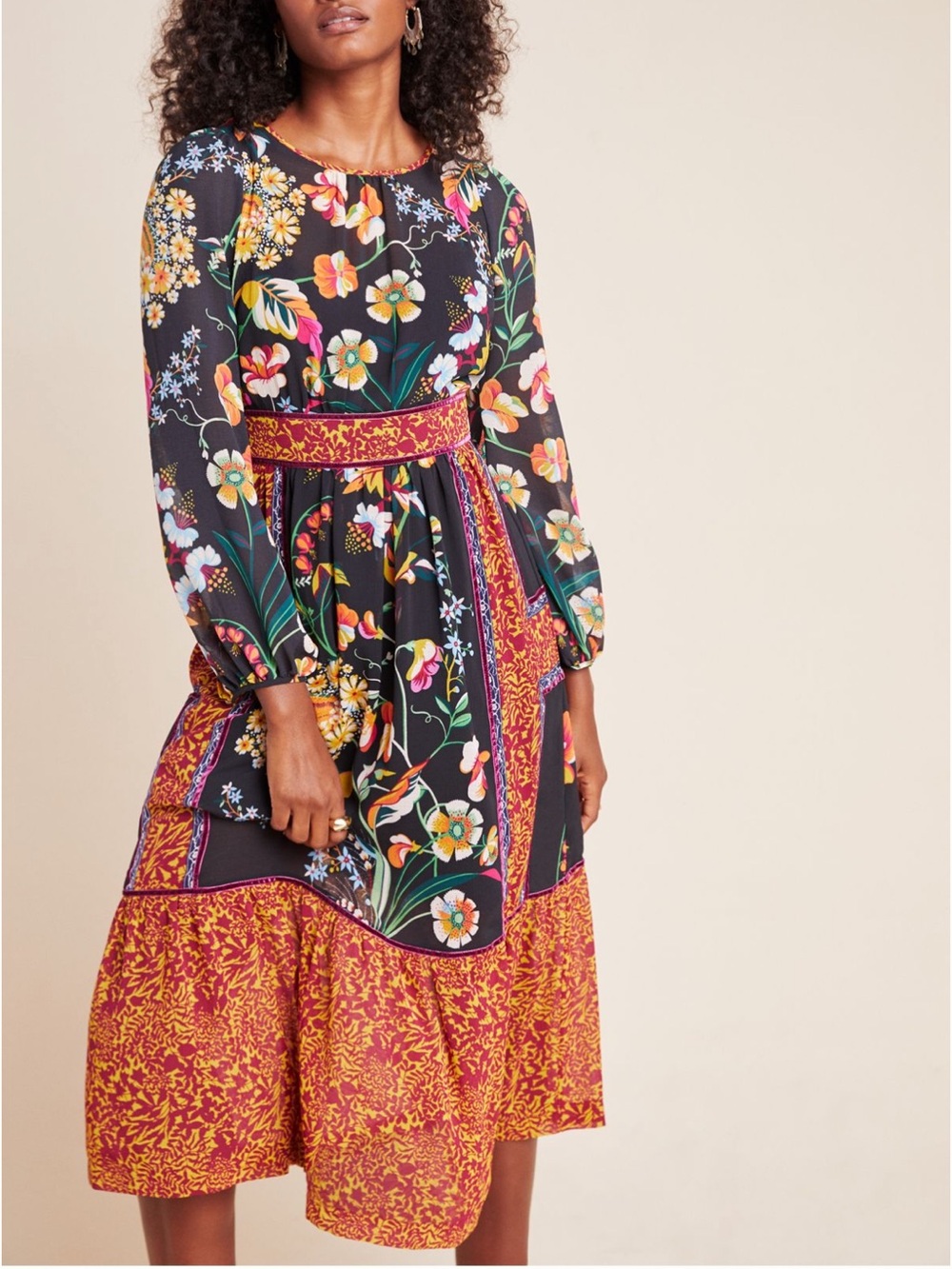 ANTHROPOLOGIE Adair Velvet Trimmed Midi Dress in Black Floral Pattern size 0